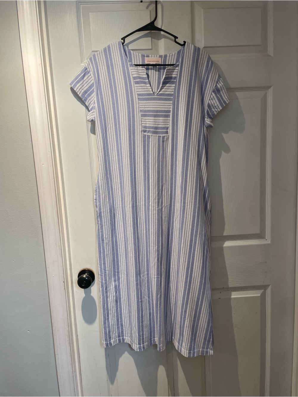 Light Blue & White Striped Midi Dress with V-Notch — Casual Summer Style